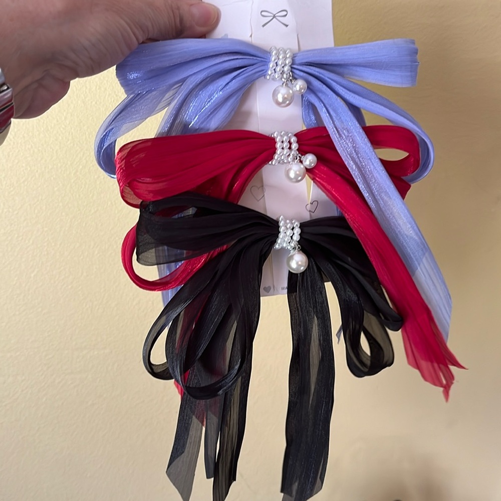 NEW 3 elegant shimmery bow hair clips, black/lavender/red, pearl wrap and drop